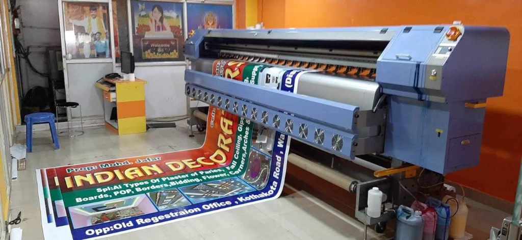 Decorated event float with printed panels and banners